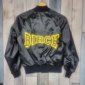 Vintage Black Satin Bomber Jacket "Birch" size Youth Large West Ark
